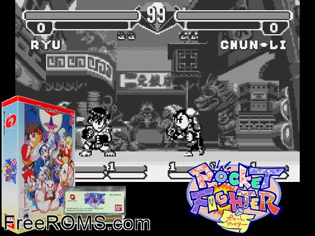 Pocket Fighter (J) [M] Wonderswan game showing 3D box cover and gameplay screenshot
